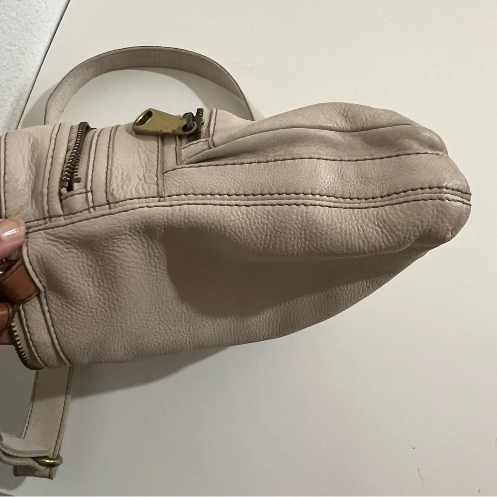 Vintage Fossil Beige Cream Pebbled Leather Crossbody Messenger Bag Unisex